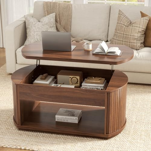 FABATO Oval Lift Top Coffee Table with Storage, Mid Century Modern Coffee Table for Living Room, 2 Tier Center Table with Lift-Top, 41.7 Fluted Wood Table for Reception Room, Home Office, Walnut