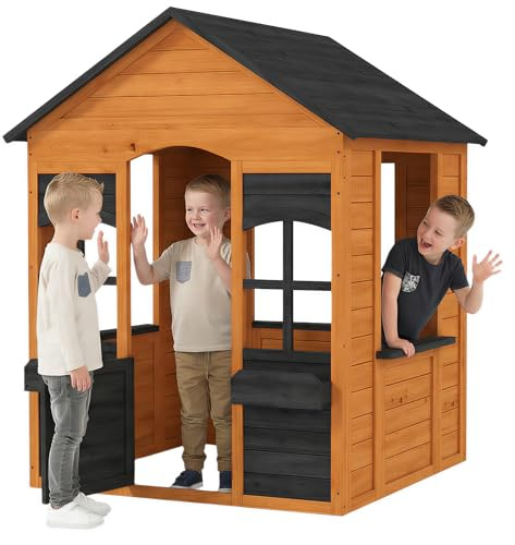 AIYAPLAY Cabane Enfant extérieur en Bois, Maison Enfant extérieure avec Demi-Porte, fenêtres, bacs à Fleurs, maisonnette de Jeu pour 3-8 Ans, Jeu imaginatif, 110,6 x 106,6 x 138 cm, Marron Clair