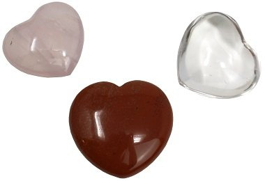 3er Set Edelstein Herzen im Geschenkset, Rosenquarz, Bergkristall und roter Jaspis/Handschmeichler in Geschenkdose