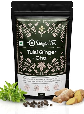 Udyan Tea Tulsi Ginger Chai, 250g | Immunity-Boosting CTC Black Tea with Tulsi, Ginger & Black Pepper | Ayurvedic Healing Blend for Cold & Cough Relief | Handcrafted Sweet & Spicy Tea