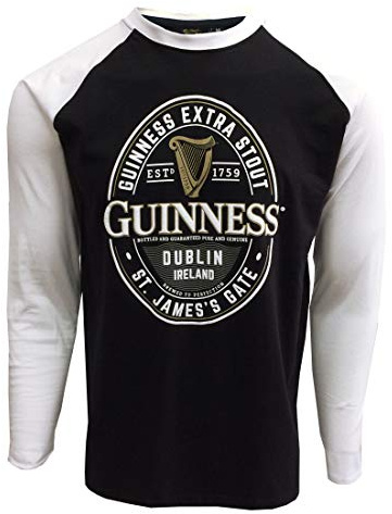 Schwarz-weißes Guinness Langarm-T-Shirt mit Dublin Irland Label