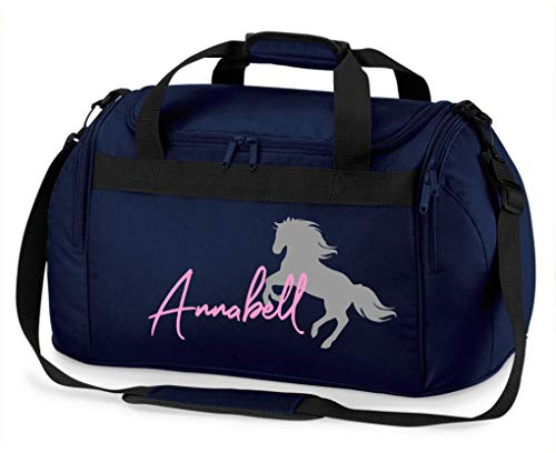 Borsa da equitazione con nome, personalizzabile, motivo: cavallo che si alza con nome, borsa sportiva per ragazze, per equitazione, disponibile in diversi colori, blu scuro