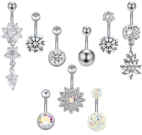 YHmall 9 Stück Edelstahl Zirkon Bauchnabel Bauchnabelpiercing Bauch Piercing Nabelring Schmuck für Damen,9 Stile (Silber) MEHRWEG