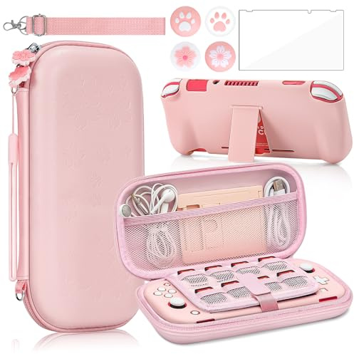 BRHE Switch Lite Tasche Hülle Zubehör Set , Hartschalen Aufbewahrungstasche Reise-Set mit harter Schutzhülle, Bildschirmschutz und Daumengriffkappen für Nintendo Switch Lite Konsole 9-in-1, Rosa