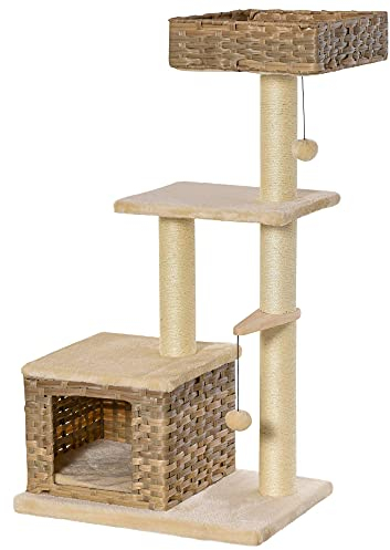 PawHut Rattan Katzenbaum Kratzbaum Kätzchen Möbel mit Katzenhöhle Ballspielzeug Sisal weiche Plüsch PE Höhe 108 cm Braun+Beige