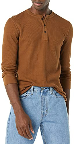 Amazon Essentials Men's Långärmad Henley-våffelskjorta med smal passform, Ljusbrun, M