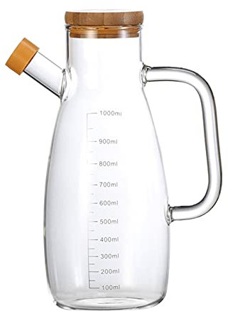 GEQIAN Bouteille d'huile en verre moderne durable 1L avec distributeur d'olive – Bouteille en verre sans plomb avec couvercle en bambou pour cuisine