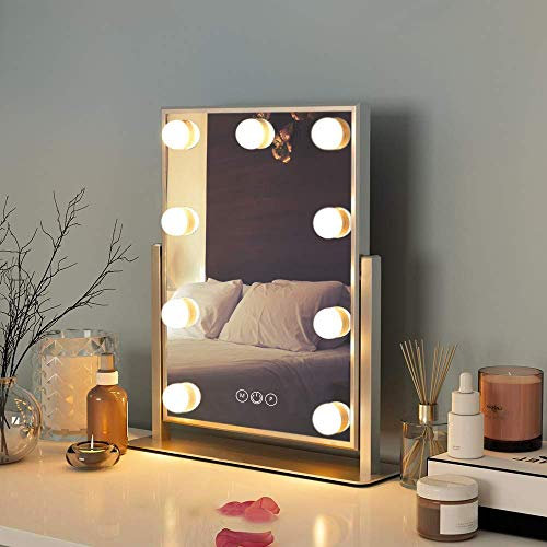 FENCHILIN Hollywood Makeup Mirror with Lights Tabletop Makeup Mirror with 9 LED Bulbs Lighted Hollywood Vanity Mirror 360 Rotation 10X Magnifier, Smart Touch Control