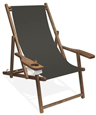 Promo Trade Holz-Liegestuhl mit Armlehne und Getränkehalter, Klappbar, dunkelbrauner Lasur, Wechselbezug (Anthrazit)