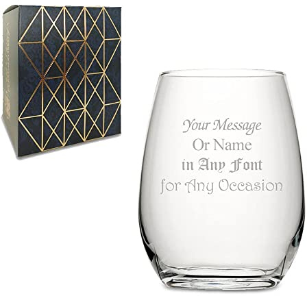 Bicchiere da vino senza stelo in ambra con incisione personalizzata, 460 ml, con confezione regalo, personalizzabile con qualsiasi messaggio