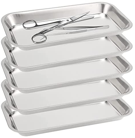 ZEONHEI Lot de 5 Plateaux Acier Inoxydable, Plateau De Laboratoire, Plateau à Instruments Rectangulaire en Acier Inoxydable pour Laboratoire, Plateaux de Service, 22,5 x 11,7 x 2 cm