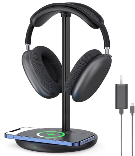 Headphone Stand with Wireless Charger, Gaming Headset Holder Hanger Rack 2 IN 1 Wireless Charging Station Dock for iPhone 15/14/13/12/11 Series, Samsung, AirPods Pro/3/2 and Desk All Headphones, Black