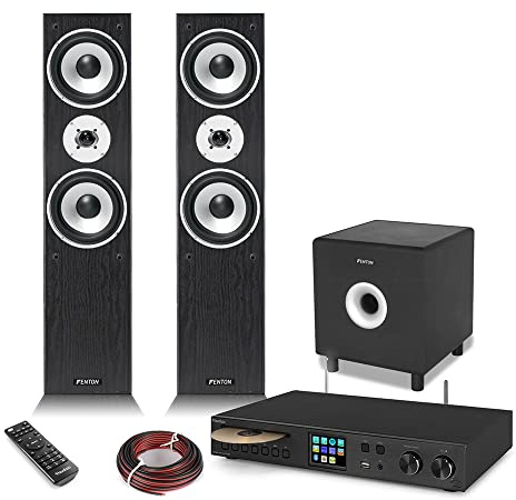 Audizio Tower HiFi System with Floor Standing HiFi Speakers, Active 10 Subwoofer, Stereo Amplifier, Bluetooth, Spotify Connect, DAB+/FM Radio, CD Player & Cables - Complete Home Audio Bundle