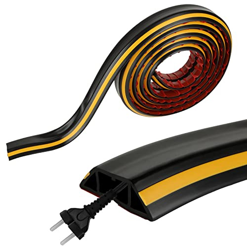 YAYODS Housse de câble de sol de 5 m avec adhésif, protection de câble en caoutchouc pour garage, bureau, maison, entrepôt, extérieur, range-câbles, évite les risques de trébuchement, facile à couper