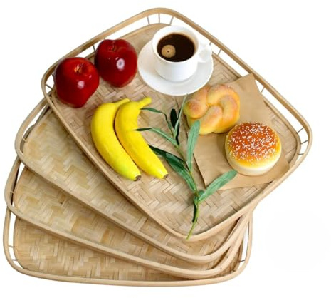 PEMAR Set of 4 Natural Bamboo Trays for Eating - Hand-Woven Handcrafted Rectangular Serving Trays with Handles - Unique Stackable Lap Trays for Dinner, TV Trays for Couch, Farmhouse Decor