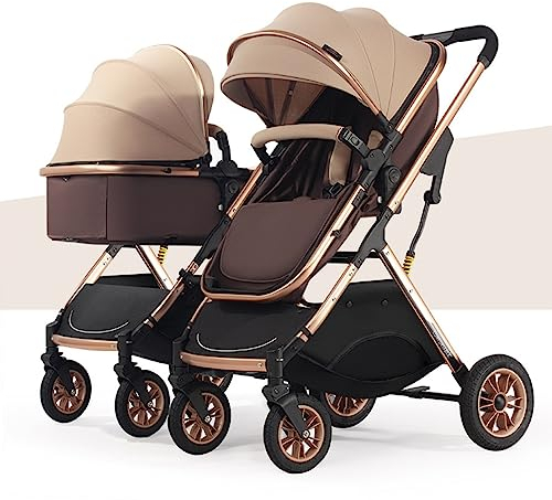 YCKEGEW Doppel-Kinderwagen Tandem-Zwillingskinderwagen Trolley Mit Aluminiumrahmen,Reisesystem Doppelter Buggy Kann Liegen,Kleinkind Kinderwagen Für 0-36 Monate Babies (Color : Bruin)
