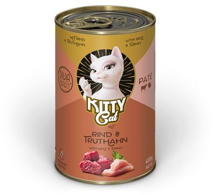 KITTY Cat Paté Rind & Pavo, 6 x 400 g, Comida húmeda para Gatos, sin Cereales, Comida para Gatos con taurina, Aceite de salmón y mejillón de Labios Verdes, pienso Completo con Alto Porcentaje de