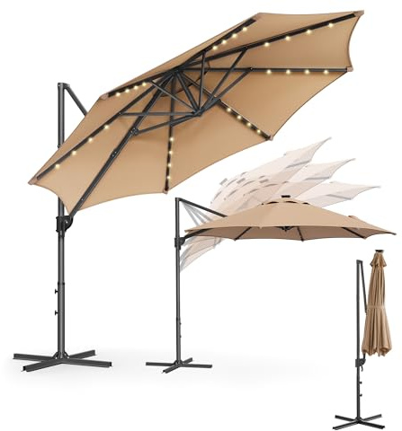 SONGMICS Ombrellone da Giardino 300 cm, 28 Luci a LED Solari, UPF 50+, Girevole a 360°, Inclinazione Continua, Manovella per Apertura e Chiusura, con Base a Croce, Marrone Cammello GPU047K11