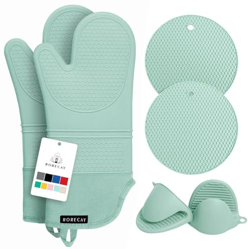 Rorecay 6pcs Oven Mitts and Pot Holders Sets Heat Resistant 500 Degrees, Extra Long Silicone Oven Gloves Non-Slip Potholders Hot Pads for Kitchen Baking Cooking, Quilted Liner, Bermuda Teal