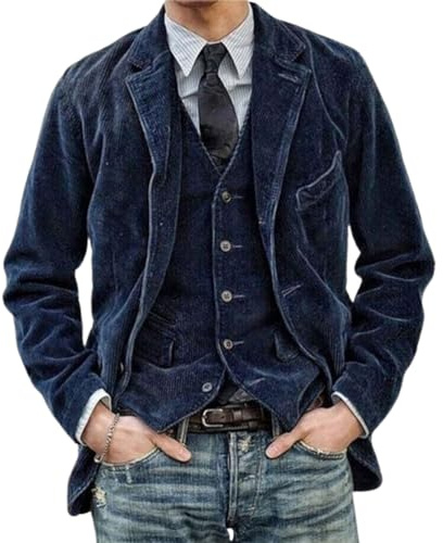 Oanviso Veste en Velours Côtelé Homme Vintage Blazer élégant Veste Décontracté Veste de Costume avec Poches Veste Blazer Casual Regular Fit Manteau B Bleu Foncé 3XL