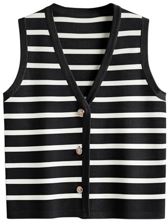LILLUSORY Vest Tops for Women 2026 Spring Striped Sweaters Button Up Summer Business Casual Outfits Womens Blouses Jackets Fashion Clothes Sleeveless V Neck Tops Black White L