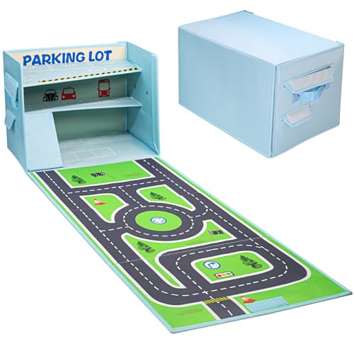 Edsnor Spielzeug Garage für Autos - 3 in1 Box für Spielzeugautos, Auto Parkhaus Kinder und Spielteppich (Nicht enthalten Autos)
