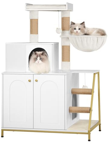 Hzuaneri Armario para Gatos, Moderna Casa para Gatos 4 en 1 con Plataforma Grande, Mueble Arenero Gato con Alfombrilla para Arañar, Postes, Escaleras y Pompón, Cojines Lavables, Blanco CB81013A