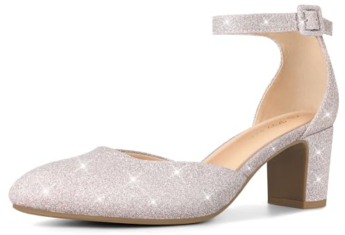 PIZZ ANNU Womens Court Shoes Block Heel Closed Toe Elegant Wedding Pumps for Bride Ankle Strap Ladies Mary Jane Sandals Rose Gold Size 5