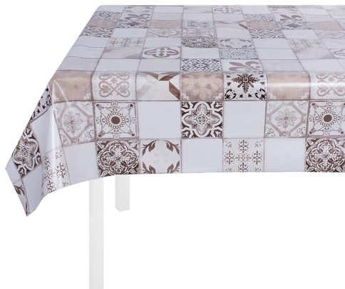 SaRani Tovaglia da tavola Antimacchia in Plastica Cerata con Retro Felpato a Fantasia Maioliche Mattonella Beige (Beige, 240x140 cm)