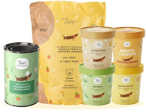 BAU BOX PROVAMI - 800gr Crocchette per Cani monoproteiche maiale - 400gr Cibo Umido Cane senza Cereali Maiale Finocchietto - 3X Biscotti Cane Routine Box e delizioso Integratore Manto Lucente - Hygge