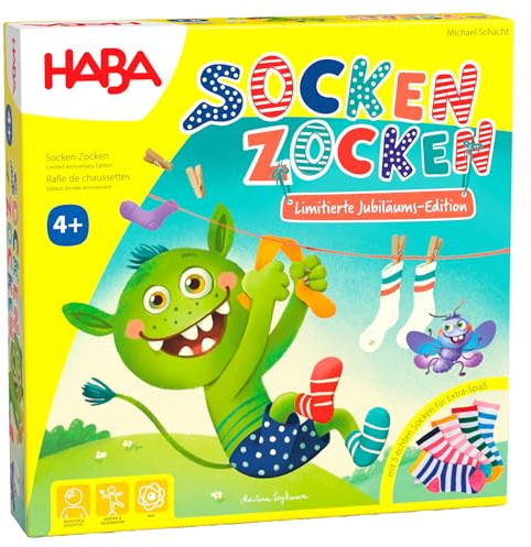 HABA Socken Zocken Jubiläums-Edition – Such- & Reaktionsspiel ab 4 Jahren – Mit echten Socken & Holzfiguren – 20 Jahre Sonderedition – 2011722001