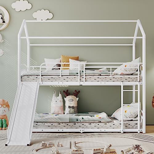 I0I&I0I Hochbett 90x200cm Mit Rutsche Und Treppe, Etagenbett Aus Metall Mit Fallschutz, Kinderbett Mit Leiter Und Gitter, Hausbett Für Kinder Und Jugendliche,Platzsparendes Design (Weiß)