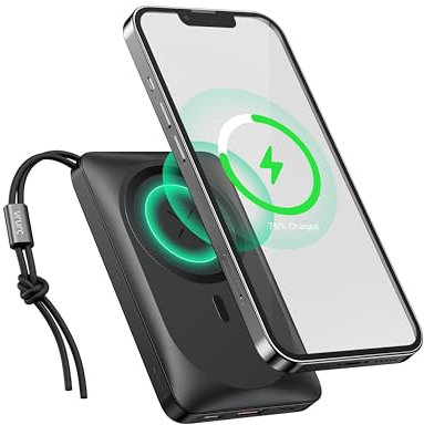 VRURC Magnetische Powerbank 10000mAh Wireless Power Bank 22.5W Schnellladen USB C Tragbares Ladegerät mit Fingerhalter Externer Akku Kompatibel mit MagSafe für iPhone 12/13/14/15/16-Serie (Schwarz)