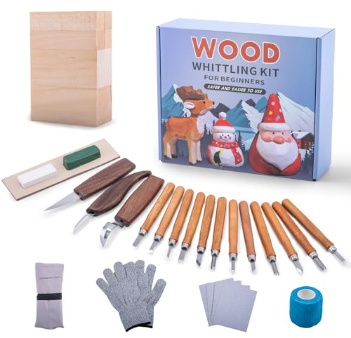 CHANGEMOORE Schnitzwerkzeug Holzschnitzwerkzeuge Set - 31 teilig inkl. Schnitzmesser, Segeltuchtaschen & Anspitzer,Schnittfeste Handschuhe und Geschnitzte Holzblöcke Anwendbar für Anfänger