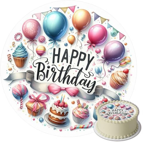 J&M DECO Tortenaufleger Happy Birthday – essbare Kuchendeko Ø 20 cm – bunte Tortendekoration für Geburtstagstorte – Zuckerpapier Tortenbild – gebrauchsfertig – Made in EU