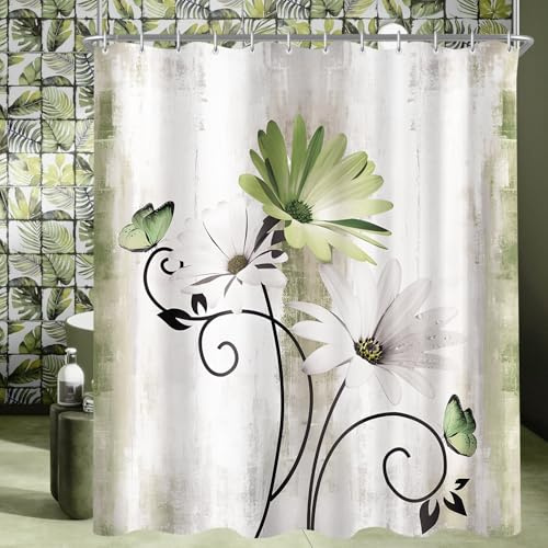 Lerores Duschvorhang 180x200 cm Salbei Grün Daisies Motiv, Beschwerter Saum Antischimmel,Wasserabweisend,Waschbar Polyester Badevorhänge mit 12 Ösen und Duschvorhangringe für Badezimmer, Badewanne