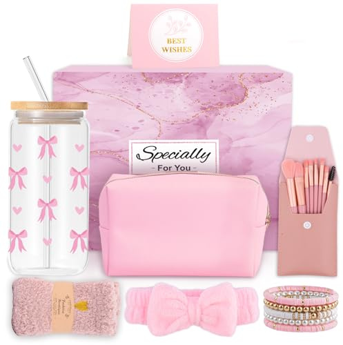 Geschenke für Mädchen Teenager 8 9 10 11 12 13 14 15 16 Jahre, Geburtstag Geschenk Mädchen Glasbecher, Trinkglas mit Strohhalm und Deckel, Schminkpinsel Kosmetiktasche Armband Socken Haarband Sachen