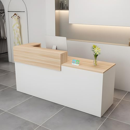 CCUKTFN Mostrador Recepción Moderno en MDF, 100 a 180 cm Mueble de Oficina con Cajón y Estantes Abiertos, Ideal para Tiendas, Salones, Consultorios y Recepciones Blanco+Madera/Izquierda 100x100x60cm