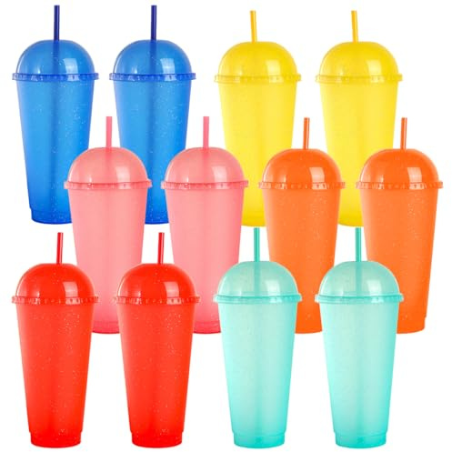 Byfoyif 12PCS Vasos Plastico Duro 700ml, Vasos de Plastico con Tapa y Pajita Reutilizables de 6 Colores, Vasos de Plástico Reutilizables coloridos para Café Helado, Bebidas Frías y Zumos de Frutas