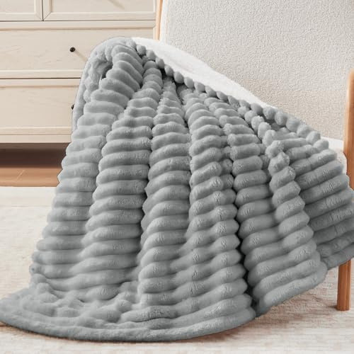 Vielit Sherpa Decke, Dicke Kuscheldecke Flauschig 220x240 cm XXL, Extra Weich Cord Decke Grau Sofadecke überwurf, Große wohn- & kuscheldecken