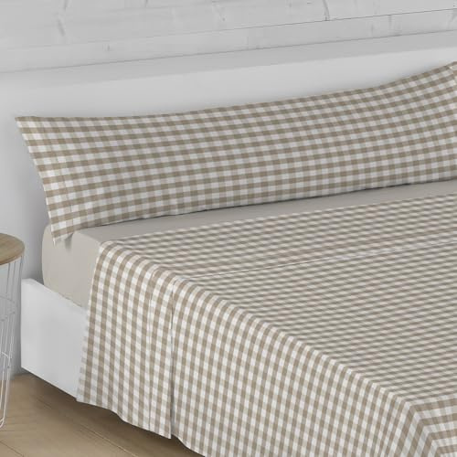 LEBENGOOD Juego de Sabanas Cama Diseños Cómodas Suaves Bajera Ajustable Encimera y Funda de Almohada 50% Algodón Oeko-Tex® 90x190/200 cm 144 Hilos Fácil Planchado (090 Vichy Arena)