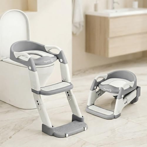 Reducteur toilette enfant 3-en-1, pot bebe toilette et adaptateur toilette enfant avec rehausseur WC, marches, poignées et dossier, antidérapant, pliable, robuste, facile à nettoyer, 3-6 ans