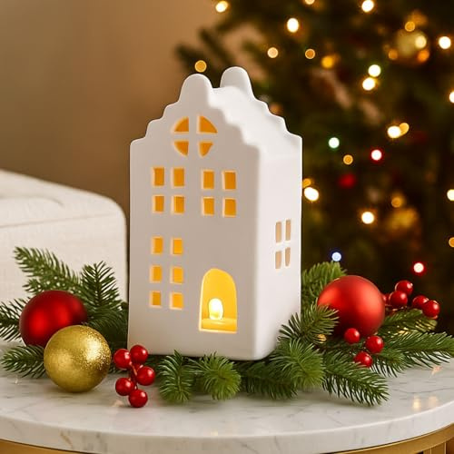 Ferakum Weihnachtsdeko Weihnachtsdorf mit Beleuchtung, Weihnachten Keramik Weiß Häuser Nachtlicht, Weihnachtsdeko Beleuchtet Weihnachtshaus Windlicht Haus Weihnachtshäuser Weihnachten Deko (C)