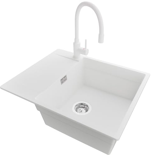 PRIMAGRAN Lavandino da Cucina Bianco 62x50cm, Lavello in Granito a 1 vasca + Rubinetto 38x14cm + Sifone Classico, Lavabo Incasso al mobile 50cm - San Francisco