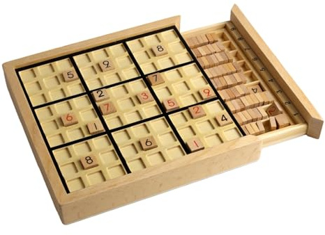 Wooden Sudoku Puzzle Board Game Set with Drawer, Brain Teaser Math Logic Game for Adults and Children, Educational Desktop Toy for Family, 1 Player Travel Scrabble Style Puzzle (Black)