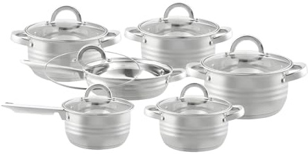 Bavary Bateria De Cocina 12 Pzs - Juego De Ollas Y Sartenes, 18/10 Ollas Acero Inoxidable - Cacerolas De Cocina Induccion - Cazo Cocina, Tapas Vidrio,Capsulado,Eco,Apilable - Todo Fuego Ceran/Gas