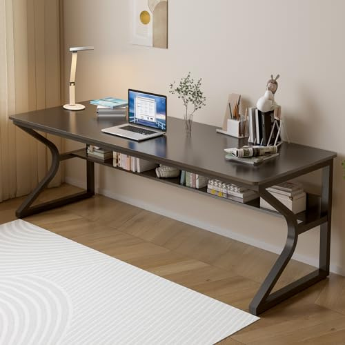 OSCHF 180 x 60 cm extra Langer Schreibtisch mit Ablagefach, Schwarz | Doppelter Langer, 2-Personen-Arbeitsplatz, PC Tisch, einfache Montage, für Homeoffice, Familienecke & Schlafzimmer