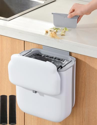 Saffory Hanging Cabinet Door Bin with Scraper – 13.6L Foldable Kitchen Bin with Lid, Wall Mounted Waste Bin for Small Spaces, Bathroom & Kitchen, 30 Free Bags (White)