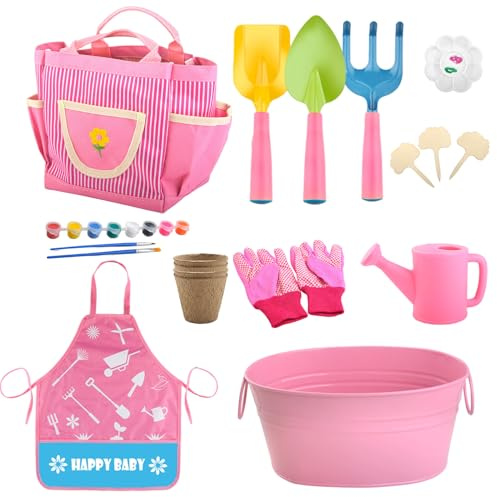 Utensili da giardino per bambini, con vaso di fiori, annaffiatoio rastrello, set di attrezzi da giardino STEM, giocattolo – per bambini e ragazze, per esterni, giardino, prato, viaggio, gioco di