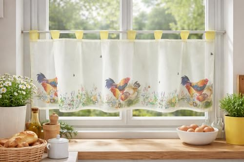 KAMACA Bistrogardine Bauernhof – 45 x 120 cm Scheibengardine aus Voile & Organza – Motiv Hahn, Henne & Küken – Transparente Küchengardine mit Schlaufen – Landhaus-Dekoration
